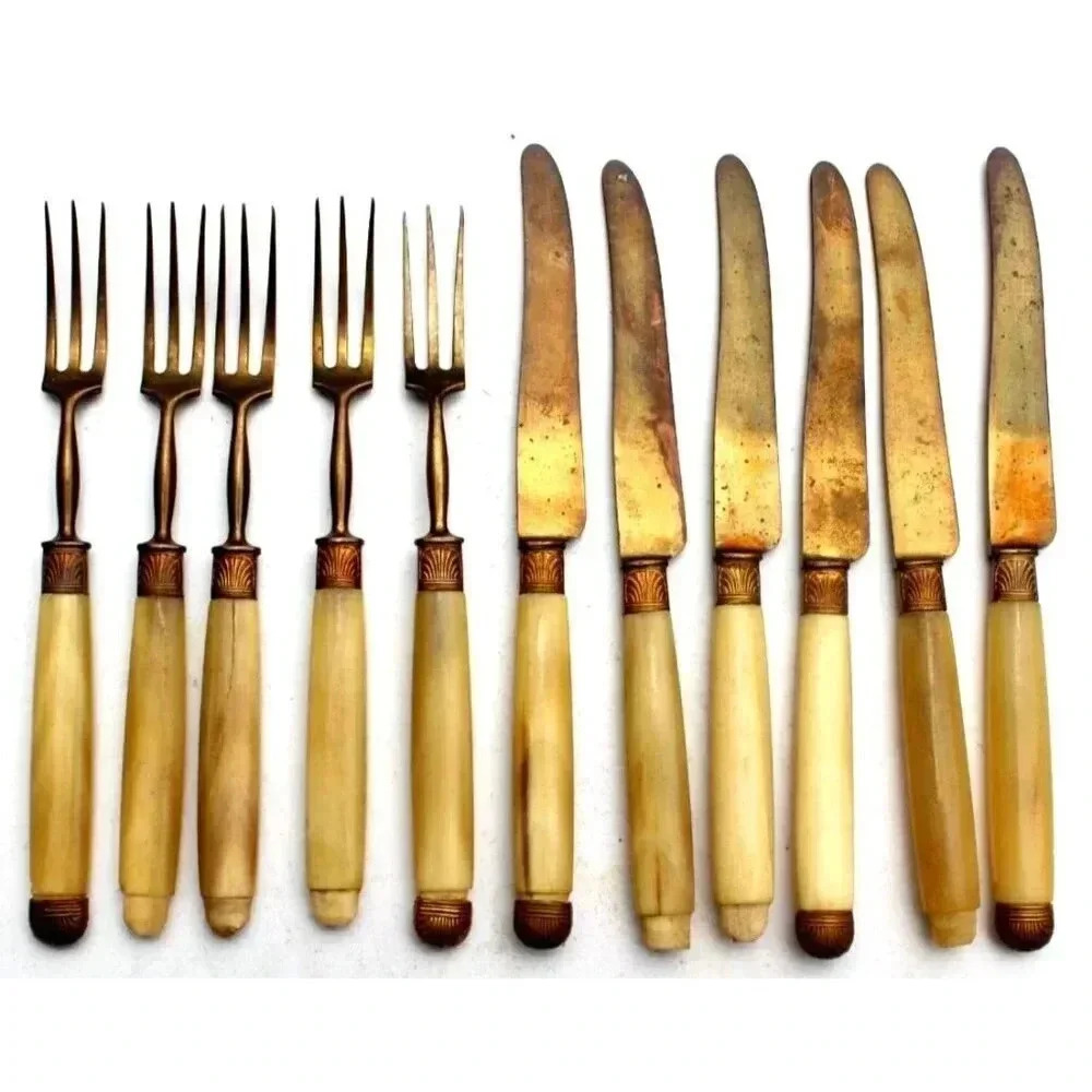 Antique 1800s Victorian Bone Fork & Knife Set Utensils Silverware